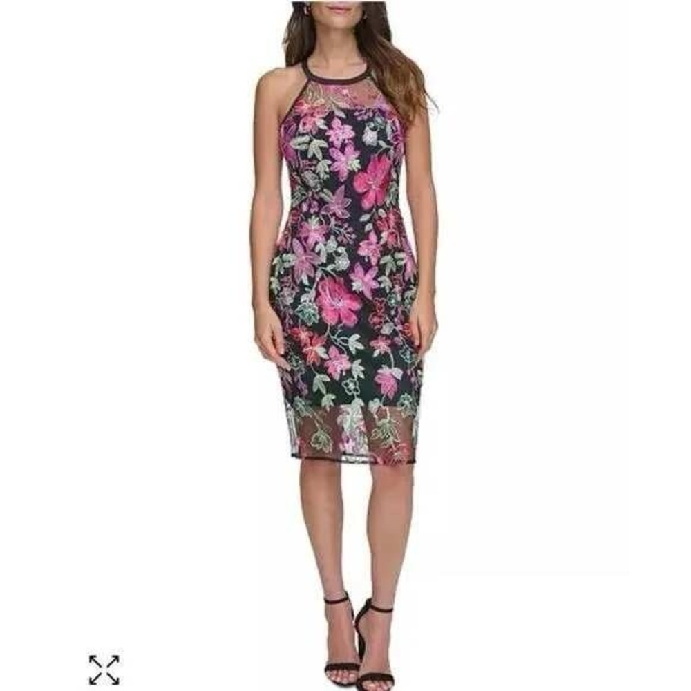 Guess Black Midi Dress with Pink Floral Embroidery